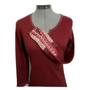 BKE Crochet Cuff V-neck T-shirt top XS Burgundy Sexy Boho Long sleeve Festival